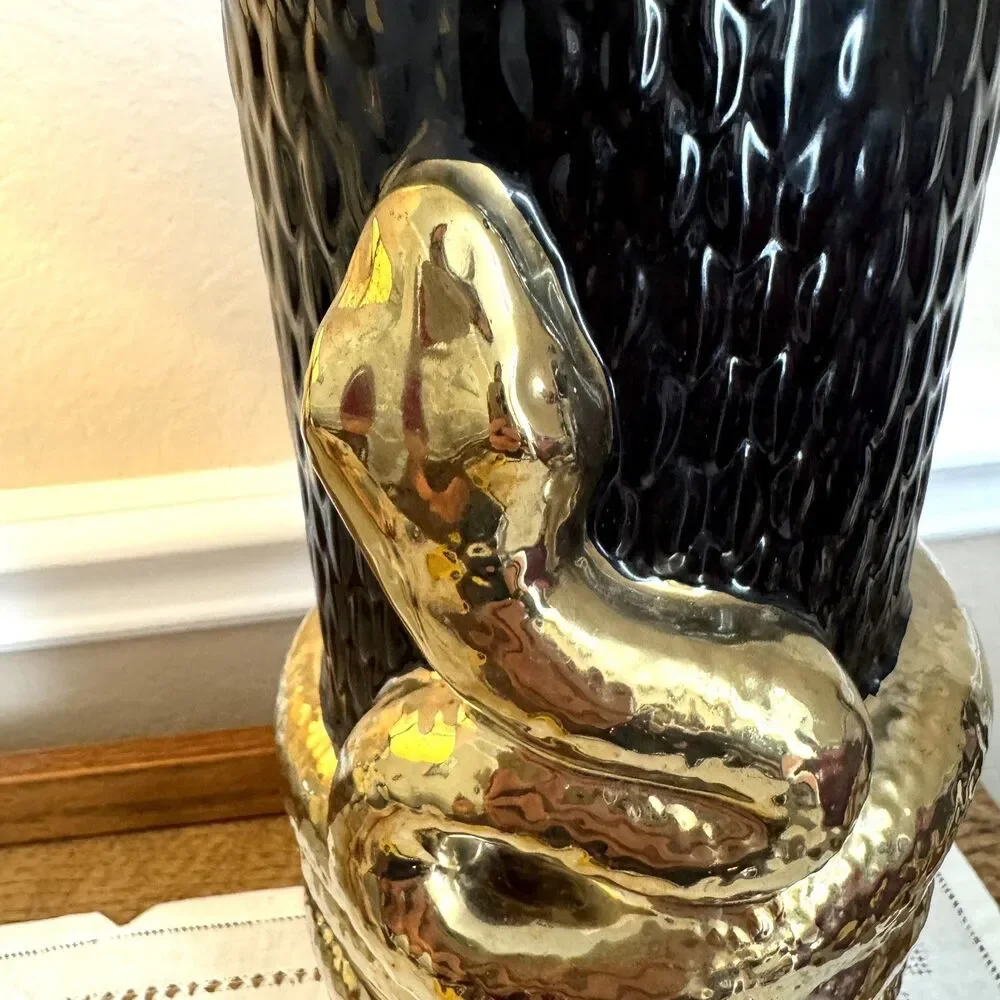 Vintage Black Gold Snake Serpent Vase 12” Hollywood Regency Maximalist Decor